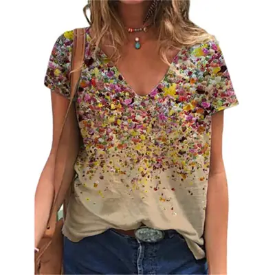 2021 V-Neck Printed T-Shirt Women Purple Floral