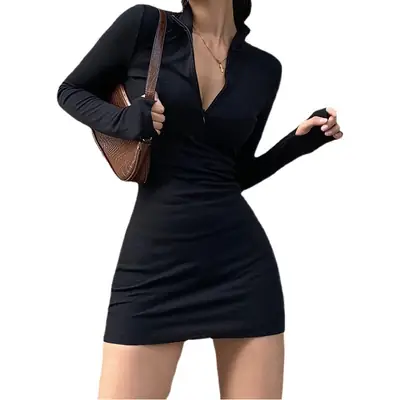 Long Sleeve Zipper V Neck Hip Covering Slim Dress Black