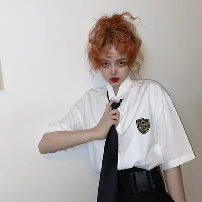 2021 Women's Gray Short Sleeve Collar Shirt with Black Tie & Badge