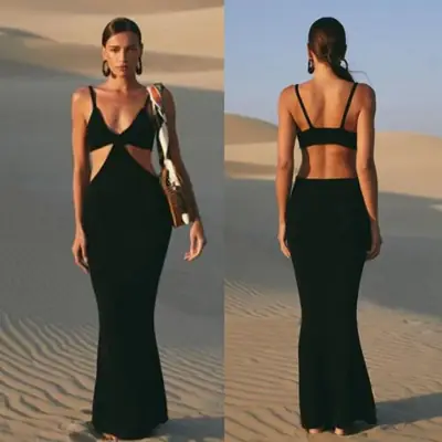 New Blue Backless Strap Dress Slim Fit Hollow Cut