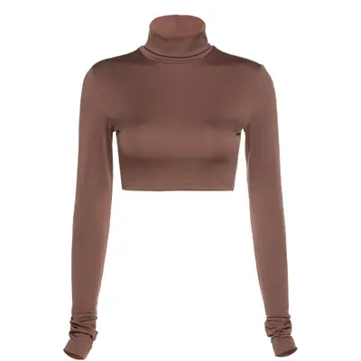 Long Sleeve High Neck T-Shirt for Women Brown