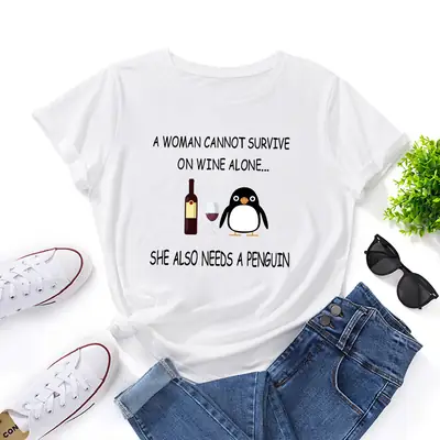 Women Red Wine Penguin T-Shirt Short Sleeve Loose Fit