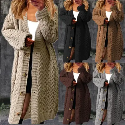 Long Sleeve Knitted Wool Coat for Women Grey Winter