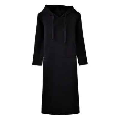 Women Black Long Sleeve Hooded Sweatshirt Dress Mid Length