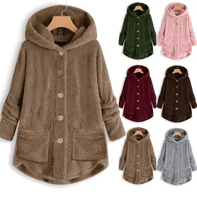 2023 Winter Women's Plush Hooded Jacket Gray Button Irregular