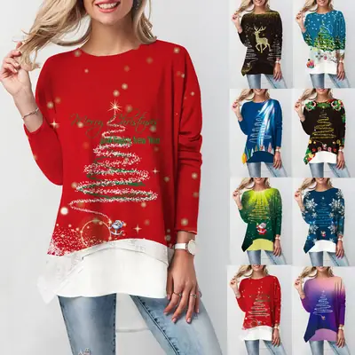 Women Printed Christmas T-Shirt Black Gold Deer Design