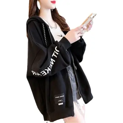 Women Cotton Zipper Sweatshirt Cardigan Jacket Black Large Spring Autumn