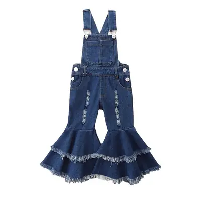 Blue Ripped Denim Flared Suspenders for Girls