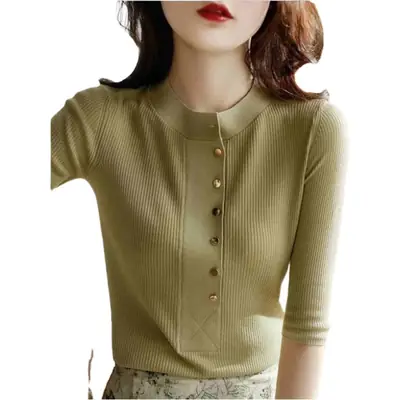 Women Knitted Button Front Top Olive Green 2025