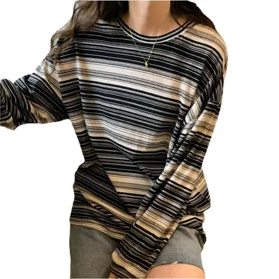 Women Striped Long Sleeve T-Shirt Pink Cream Spring Autumn