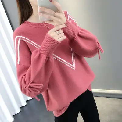 Women Yellow Bow Sweet Lace-up Long Sleeve Crewneck Sweater