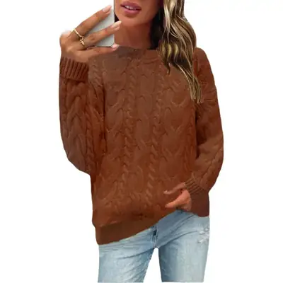Red Knitted Round Neck Long Sleeve Sweater for Women