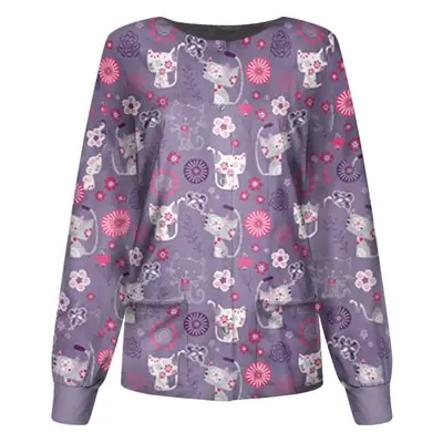 2021 Floral Nurse Top Women Round Neck Long Sleeve