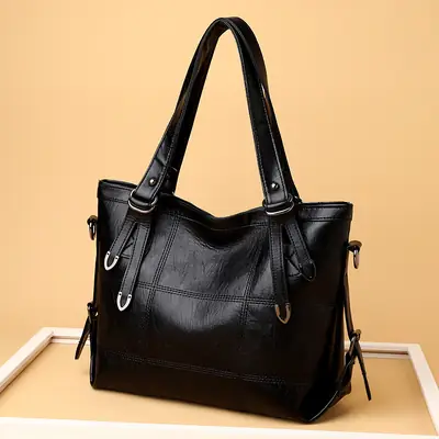 Black PU Leather Shoulder Bag Large Capacity Water-Repellent