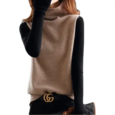 Women Cashmere Sleeveless Vest High Neck Buttoned Wool Knit