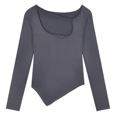Women Irregular Slim Fit Long Sleeve Grey T-Shirt 2025