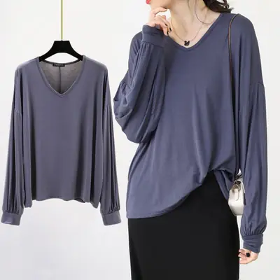 Women Loose V Neck Modal T-Shirt Large