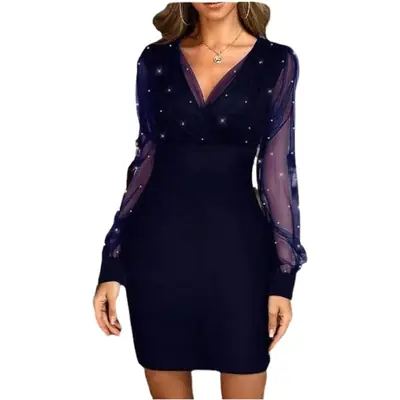 Black Mesh Beaded Slim Fit Dress for Women