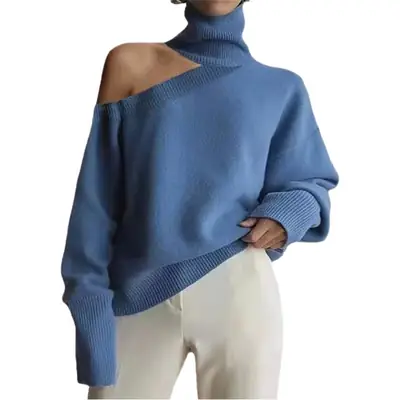 Blue High Collar Knit Women's Long Sleeve Top