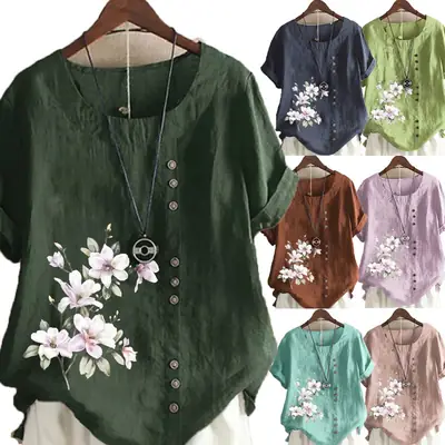 Green Floral Printed Women's Cotton Shirt Short Sleeve