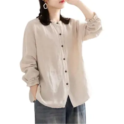 Artistic Retro Women's Linen Button Shirt Long Sleeve