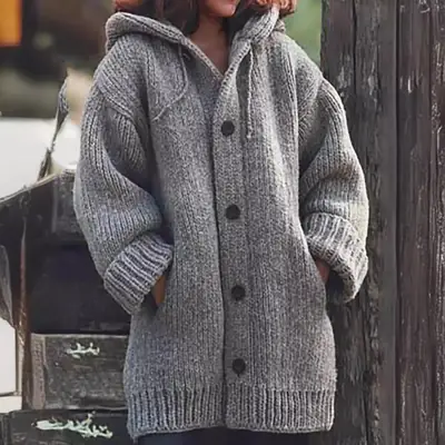 Mid-Length Hooded Knitted Jacket Grey Women
