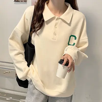2024 Korean Style Black Polo Lapel Sweatshirt for Women
