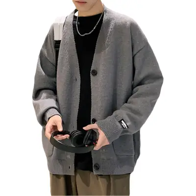 Men Grey V-Neck Loose Cardigan Spring Autumn