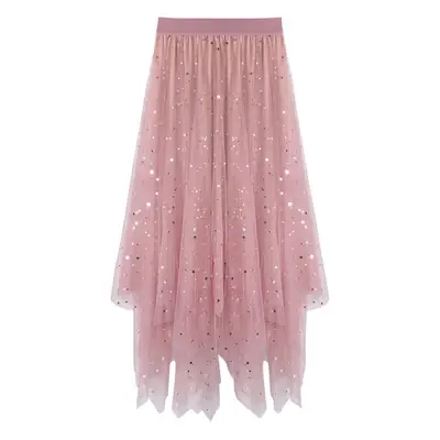 Starry Sequin Mesh Skirt Large A-Line Women