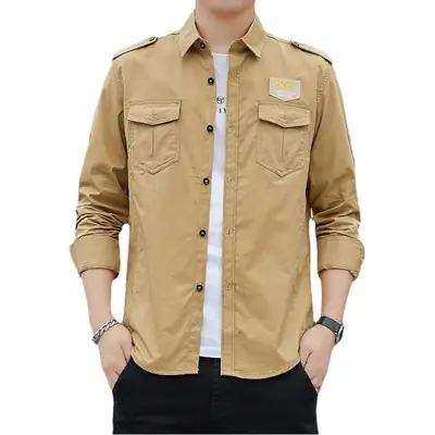 Men's Slim Fit Military Green Shirt Large Cotton