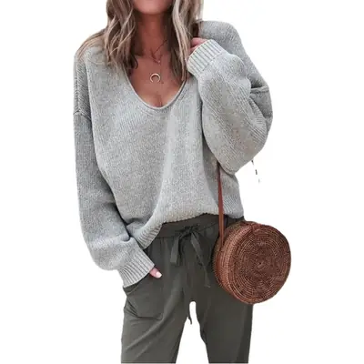 Women V Neck Knitted Pullover Purple Winter Casual