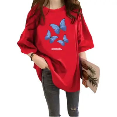 Women Butterfly Print Oversize T-Shirt Purple Spring Summer