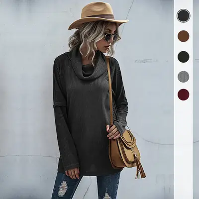 2024 Women Pile Collar Sweater Long Sleeve Spliced Bottoming