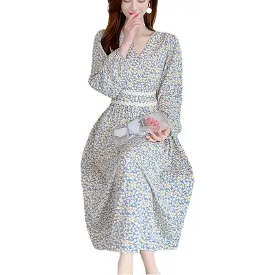 Women Floral V-Neck Dress 2021 Spring Autumn Slimming