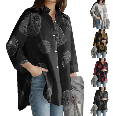 Women's Printed Lapel Shirt Black Long Sleeve 2021