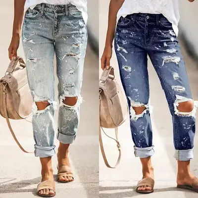 Women Ripped Elastic Wash Jeans 2022 Summer