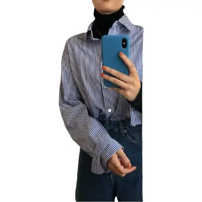 Women Blue Striped Long Sleeve Lapel Shirt Single Breasted