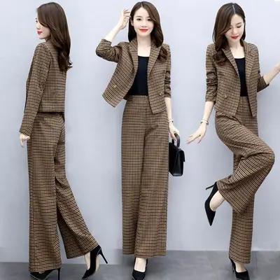 Korean Style Plaid Wide Leg Pants Two Piece Suit for Women