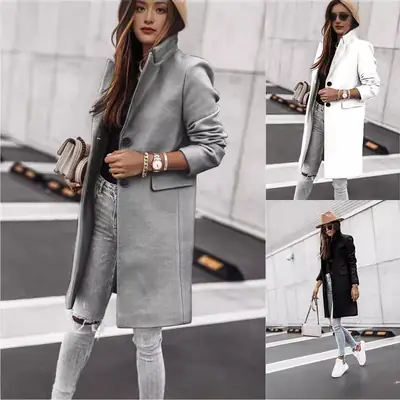 Women Wool Coat White Button Long Sleeve Autumn Winter