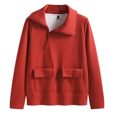 Red Fleece Pullover Sweatshirt with Diagonal Zipper Pocket