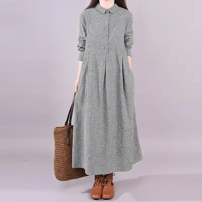 2026 Spring Artistic Plaid Loose Plus Dress Grey