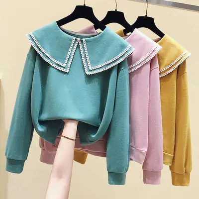 Chubby Girl's Sweater Spring Autumn Top Loose Collar Sweet Girl's T-shirt Western Girl's Base Shirt Outer Wear