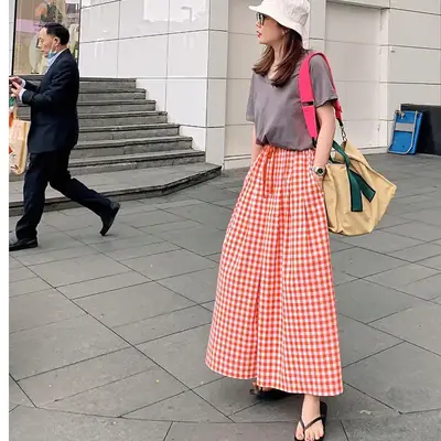 Women Plaid Wide Leg Linen Trousers Set
