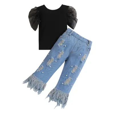 Girls Blue Jeans & Black Top 2-Piece Set Summer