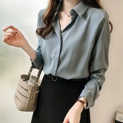 2025 Korean Style Long Sleeve Chiffon Blouse Top