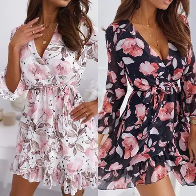 2021 Floral V-Neck Lace-Up Dress for Women
