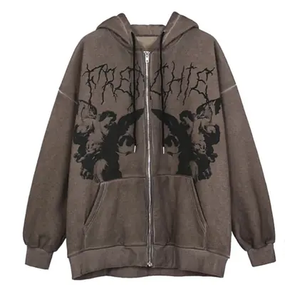 Women's Brown Graphic Zipper Hoodie Sweatshirt