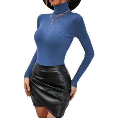 Blue Knit Turtleneck Top with Black Leather Skirt