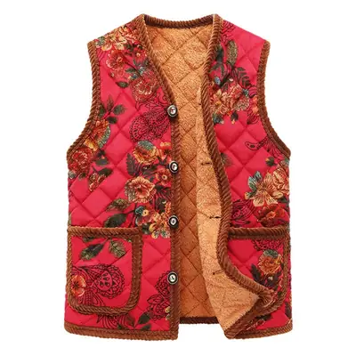 Autumn Floral Fleece Vest for Women Winter Warm Waistcoat
