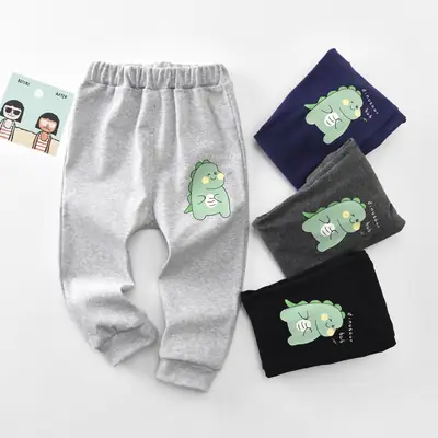 Autumn Kids Dinosaur Print Pants Black Loose Fit